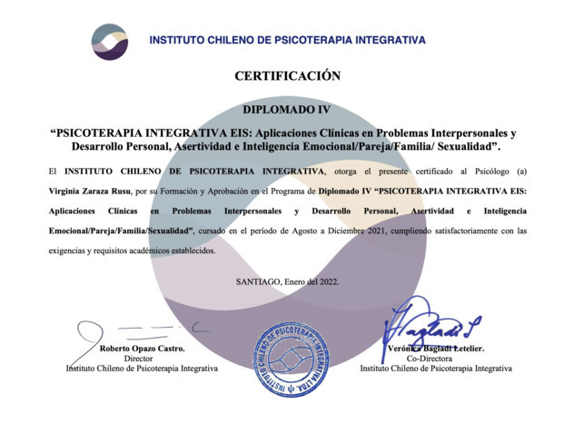 Certificación Diplomado IV Psicoterapia Integrativa EIS